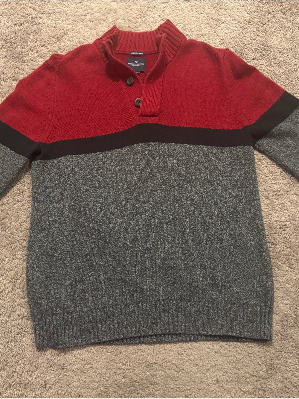 American Eagle Outfitters Red & Gray Zip-Style Mock Neck Sweater
